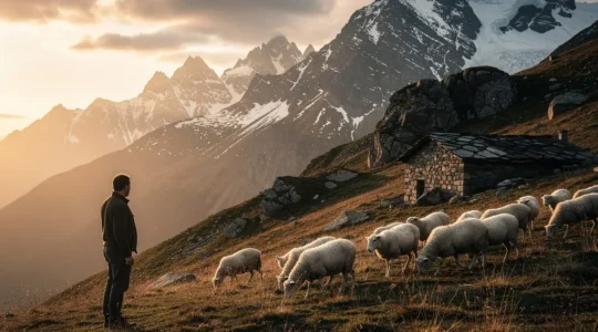 Éleveur surveillant son troupeau de moutons dans un alpage de montagne au coucher du soleil