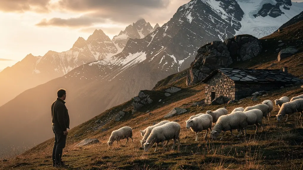 Éleveur surveillant son troupeau de moutons dans un alpage de montagne au coucher du soleil