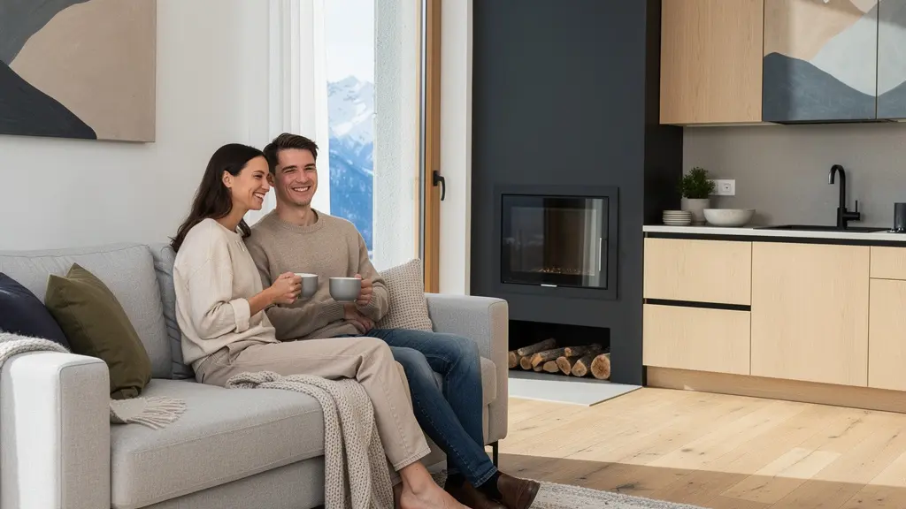 Intérieur moderne d'appartement de montagne avec design épuré et matériaux naturels