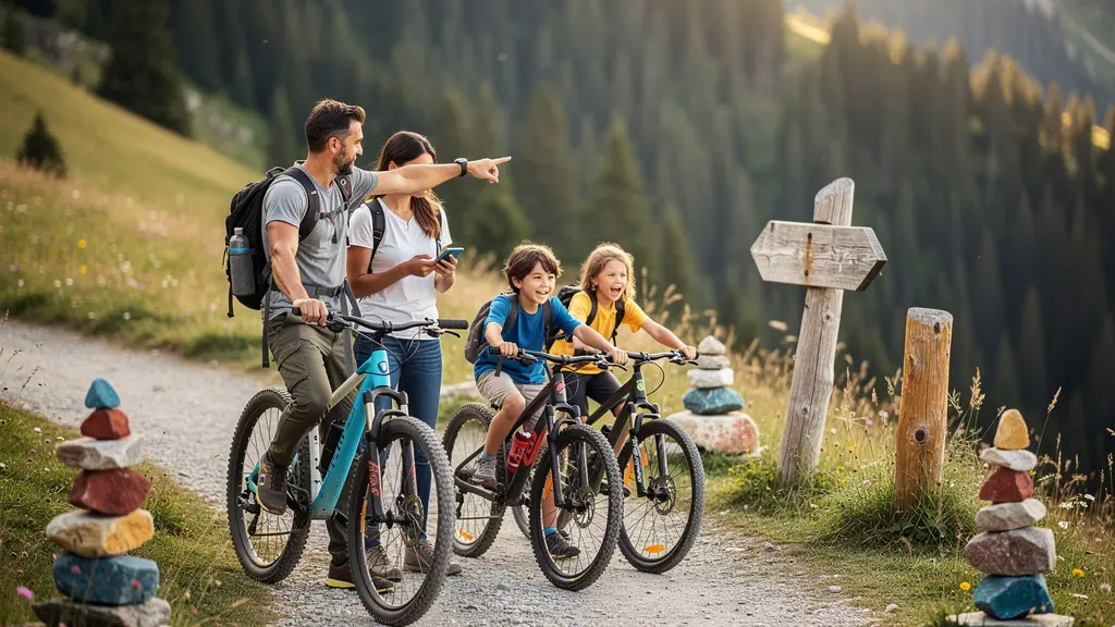 Famille à VTT suivant un sentier balisé avec des cairns colorés et des marquages naturels au sol, dans un environnement montagnard préservé