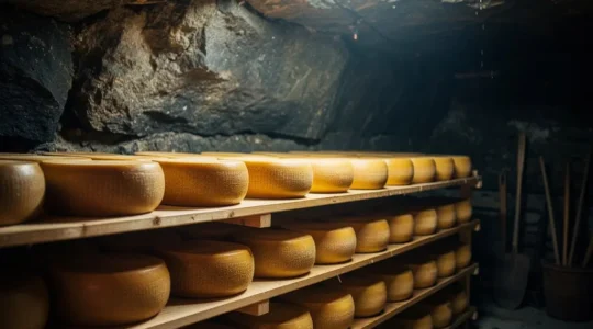 Meule de Beaufort AOP dans une cave d'affinage traditionnelle de Savoie avec ambiance authentique