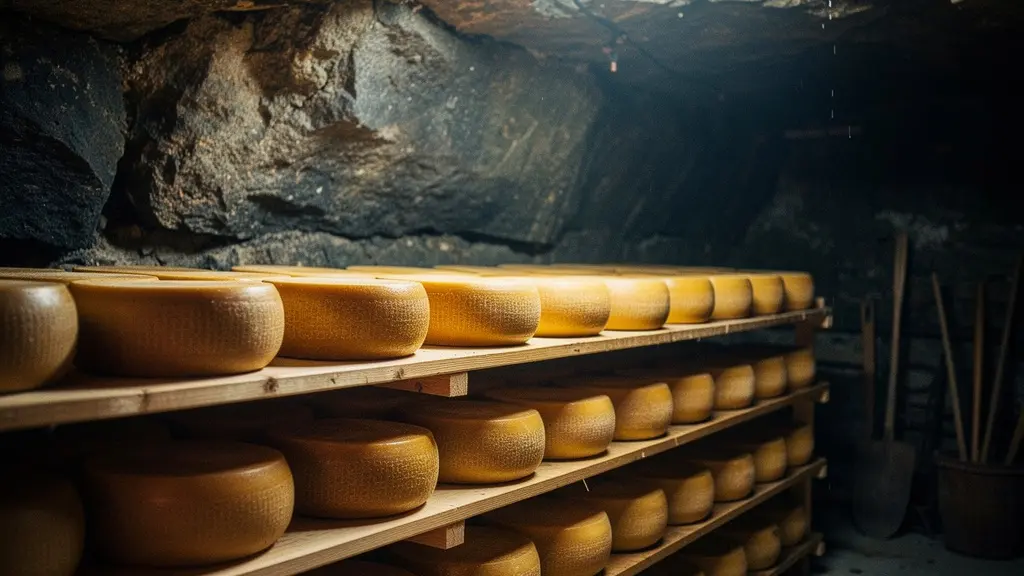 Meule de Beaufort AOP dans une cave d'affinage traditionnelle de Savoie avec ambiance authentique