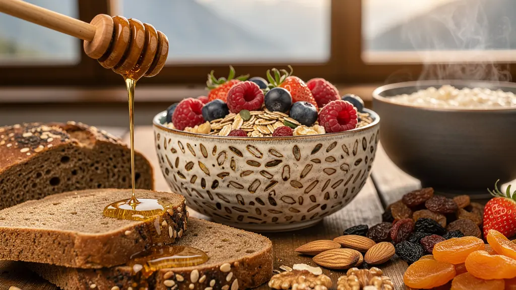 Buffet petit-déjeuner copieux pour cyclistes avec vue sur terrasse ensoleillée de montagne