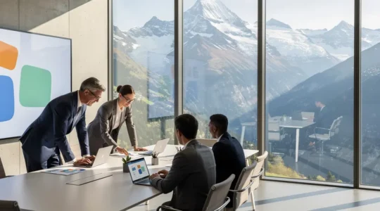Investisseurs business angels réunis dans un bureau avec vue sur les montagnes alpines de Savoie
