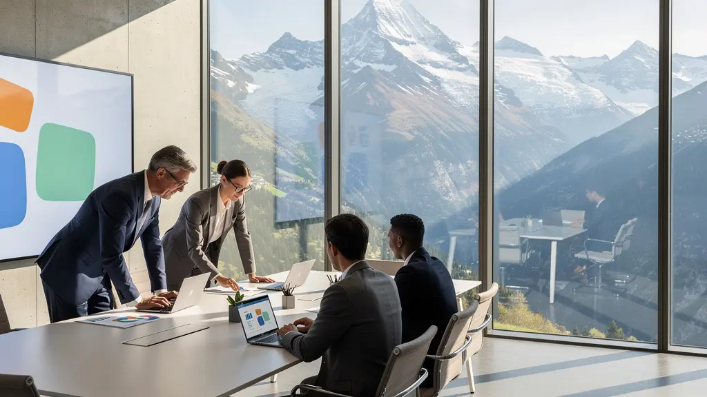 Investisseurs business angels réunis dans un bureau avec vue sur les montagnes alpines de Savoie
