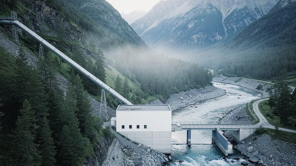 Vue plongeante d'une centrale hydroélectrique nichée dans une vallée montagneuse avec conduite forcée serpentant le long de la pente