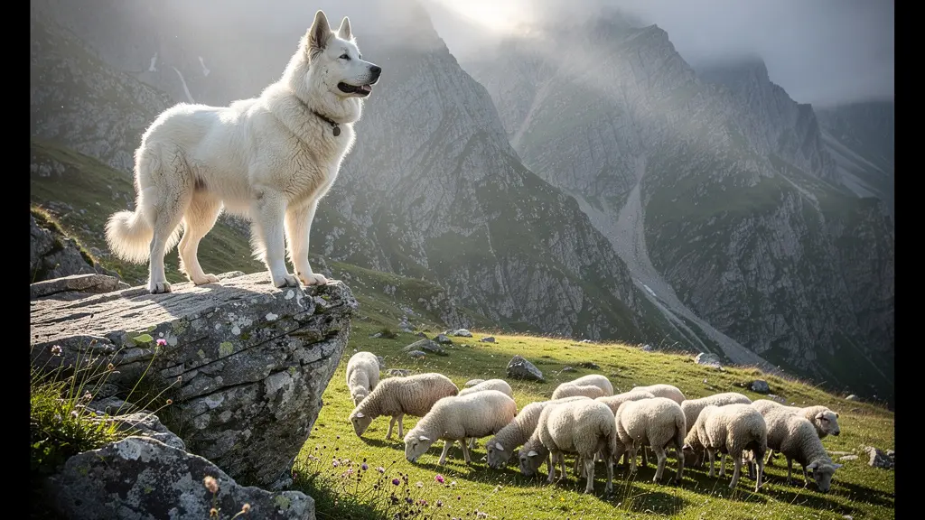 Chien de protection des Pyrénées veillant sur un troupeau de brebis en alpage