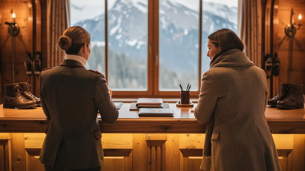 Intérieur chaleureux d'un bureau de conciergerie de luxe en station de montagne