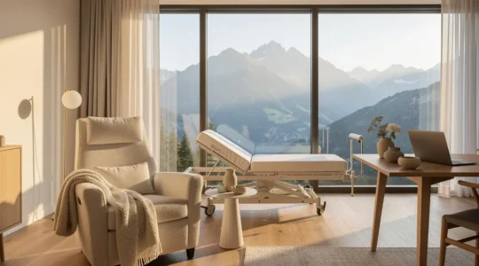Intérieur moderne d'un hébergement thermal avec vue sur les montagnes de Savoie