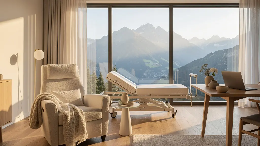 Intérieur moderne d'un hébergement thermal avec vue sur les montagnes de Savoie