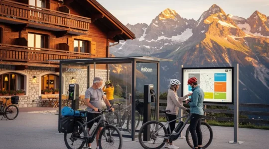 Vue panoramique d'un hôtel de montagne en Savoie avec des cyclistes sur vélos électriques devant l'établissement au coucher du soleil