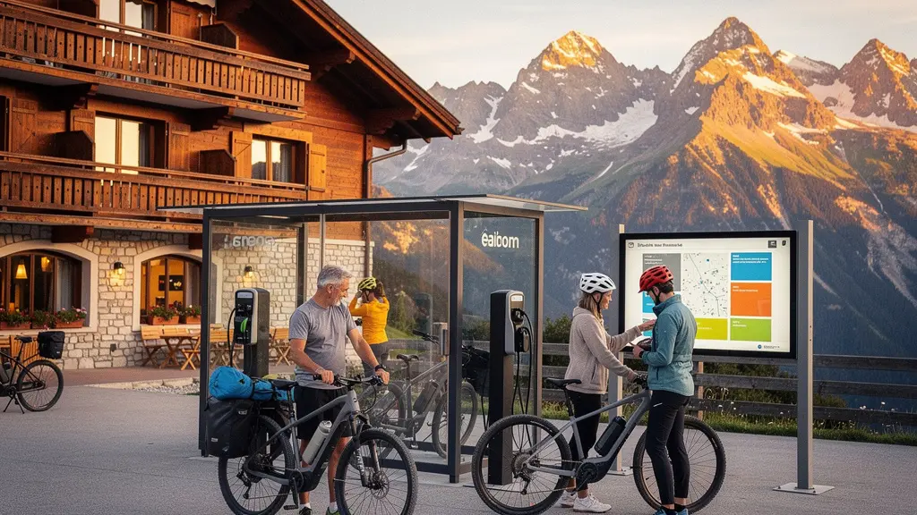 Vue panoramique d'un hôtel de montagne en Savoie avec des cyclistes sur vélos électriques devant l'établissement au coucher du soleil