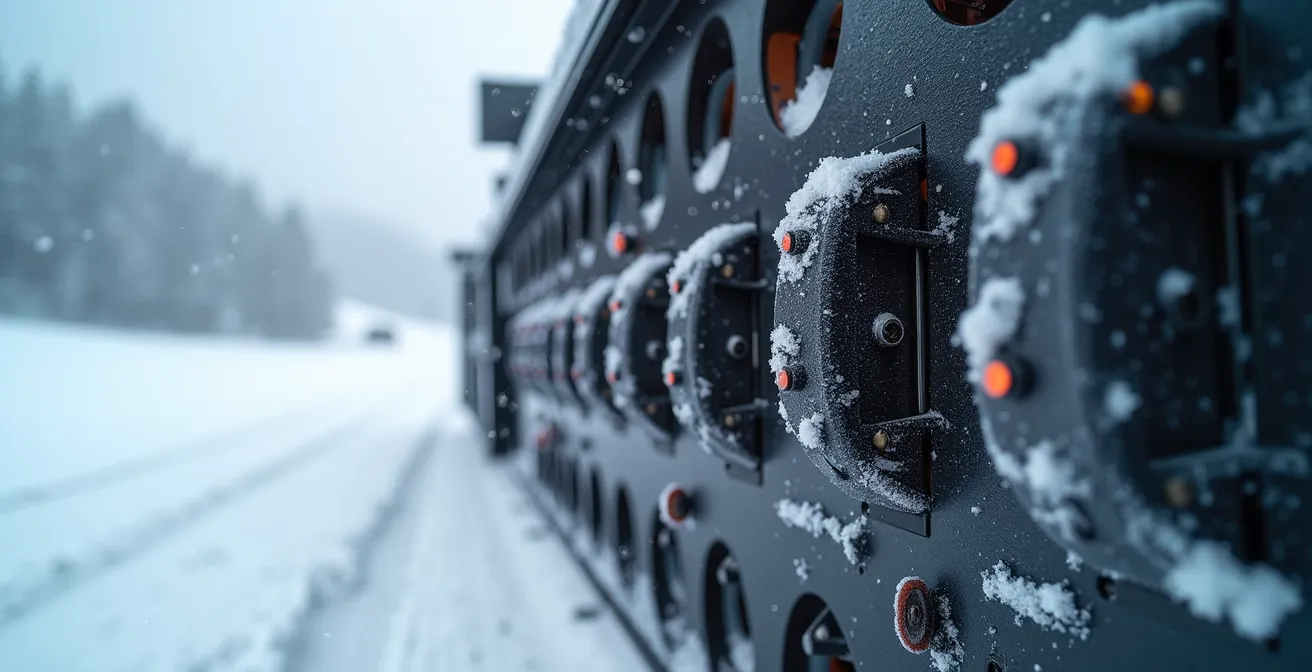 Dameuse haute technologie équipée de capteurs IoT travaillant sur une piste enneigée