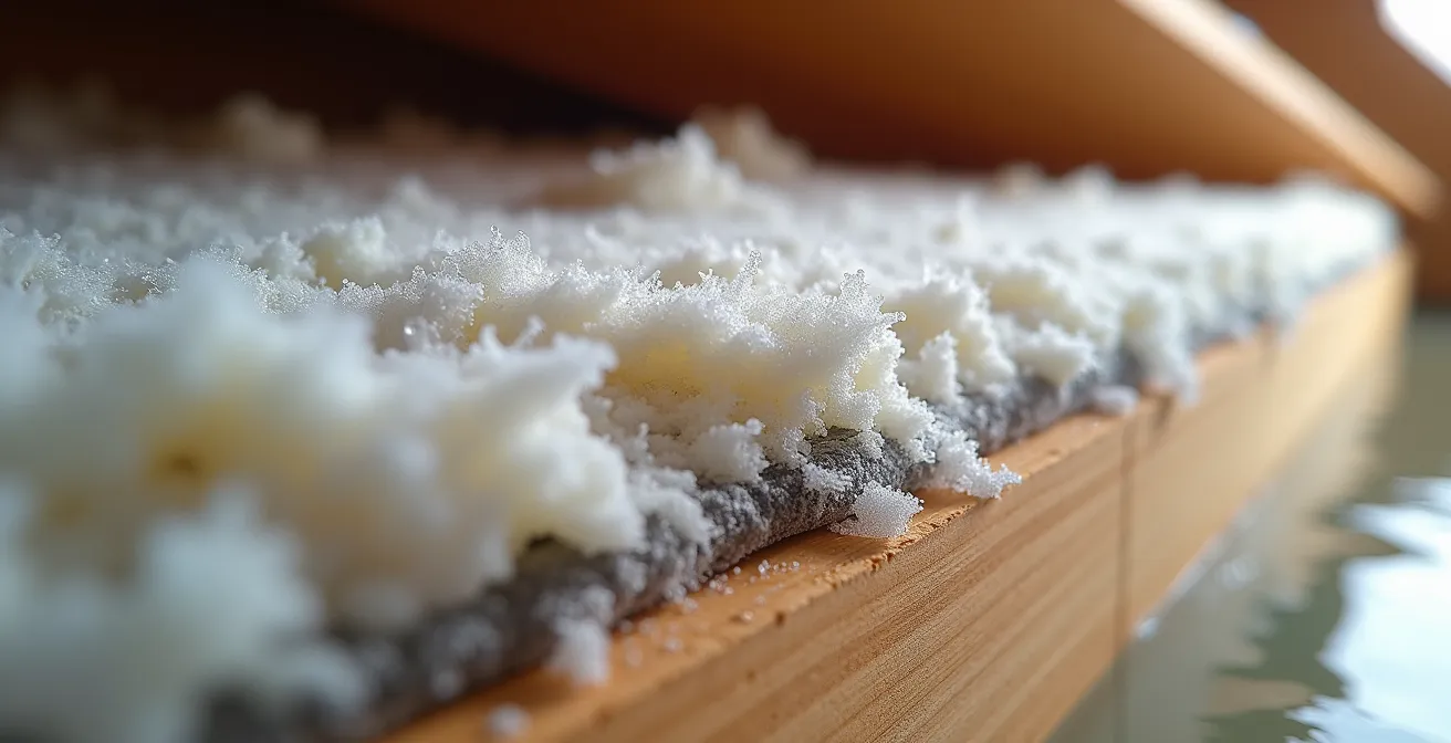 Vue en coupe d'une isolation de toiture montrant les zones de tassement et d'infiltration d'air après 10 ans d'exposition aux cycles gel-dégel