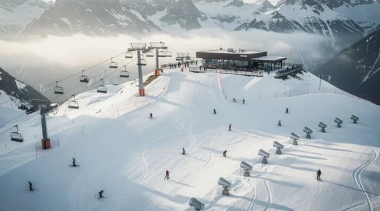 Vue aérienne d'un domaine skiable moderne avec remontées mécaniques débrayables et pistes damées sous ciel alpin
