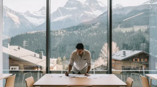 Entrepreneur préparant son projet en Savoie avec vue sur les montagnes enneigées