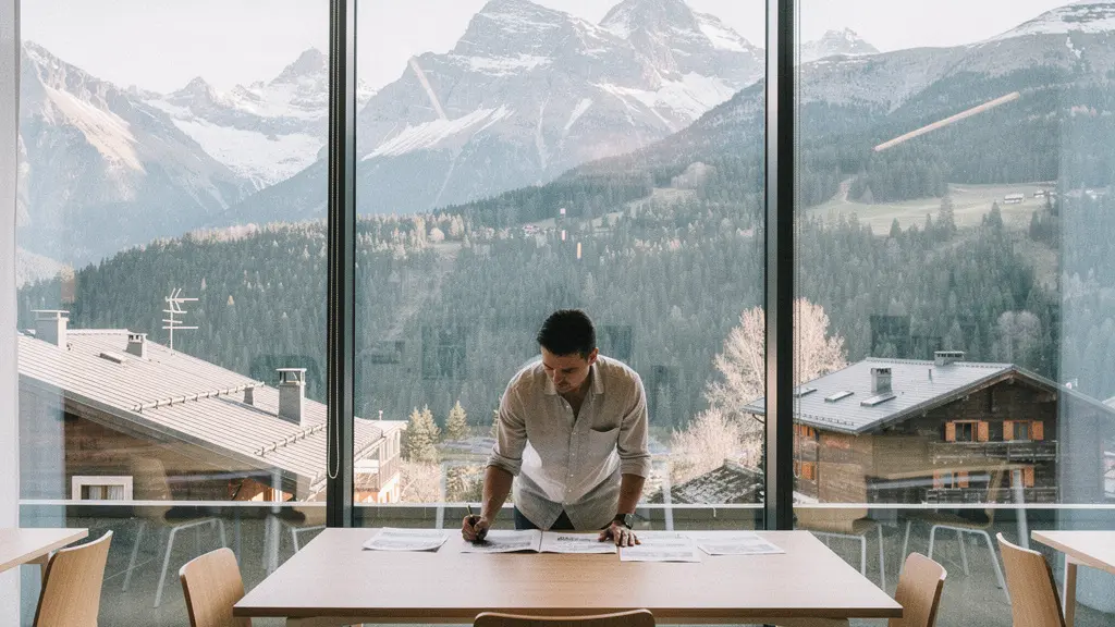 Entrepreneur préparant son projet en Savoie avec vue sur les montagnes enneigées