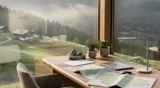 Entrepreneur travaillant dans un bureau avec vue sur un parc naturel régional