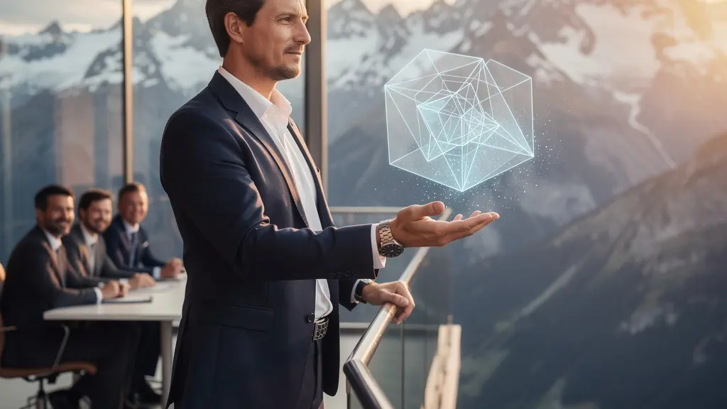 Entrepreneur présentant son projet devant investisseurs avec vue sur les Alpes