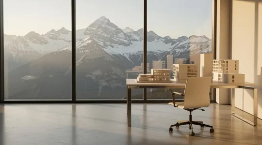 Entrepreneur travaillant dans un bureau moderne avec vue panoramique sur les montagnes de Savoie