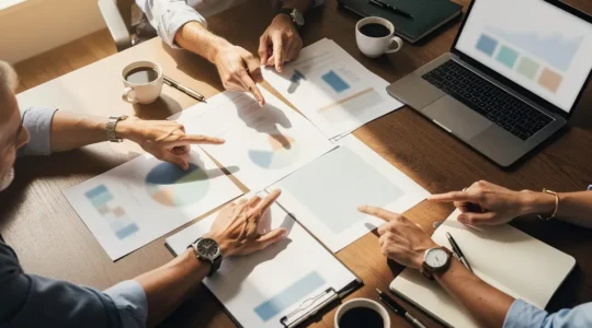 Vue en plongée d'une table de réunion en bois avec documents officiels et ordinateur portable montrant un tableau de bord, mains d'entrepreneurs savoyards en discussion collaborative