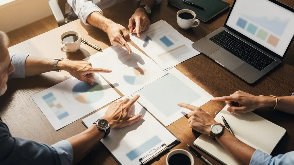 Vue en plongée d'une table de réunion en bois avec documents officiels et ordinateur portable montrant un tableau de bord, mains d'entrepreneurs savoyards en discussion collaborative