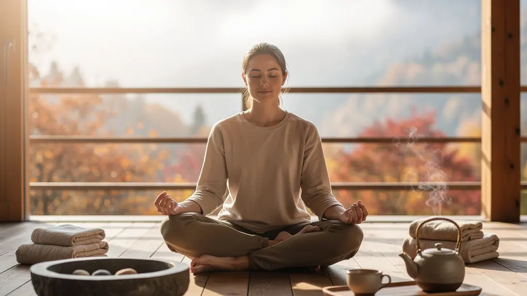 Espace spa avec vue panoramique sur les montagnes brumeuses en automne