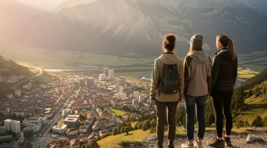 Vue panoramique d'une famille devant le massif de la Savoie avec la ville de Chambéry en arrière-plan