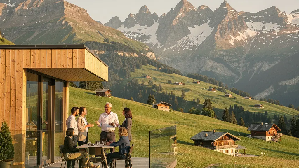 Vue panoramique d'une vallée alpine savoyarde avec entrepreneurs et investisseurs en discussion sur une terrasse moderne surplombant les montagnes