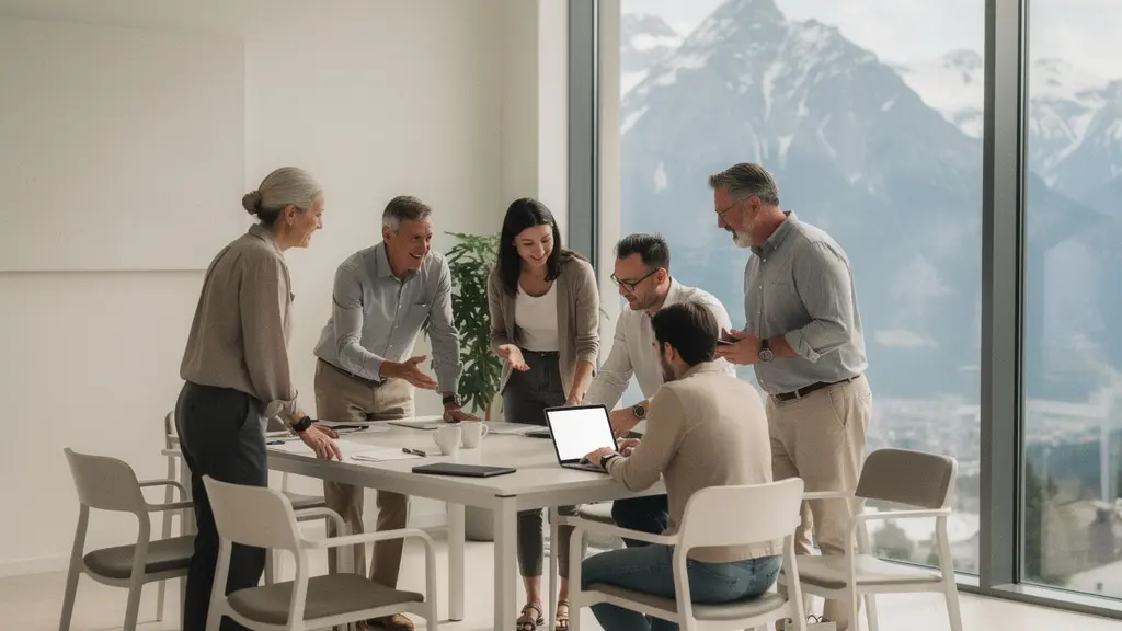 Groupe de professionnels en formation dans un espace lumineux avec vue sur les montagnes enneigées en arrière-plan