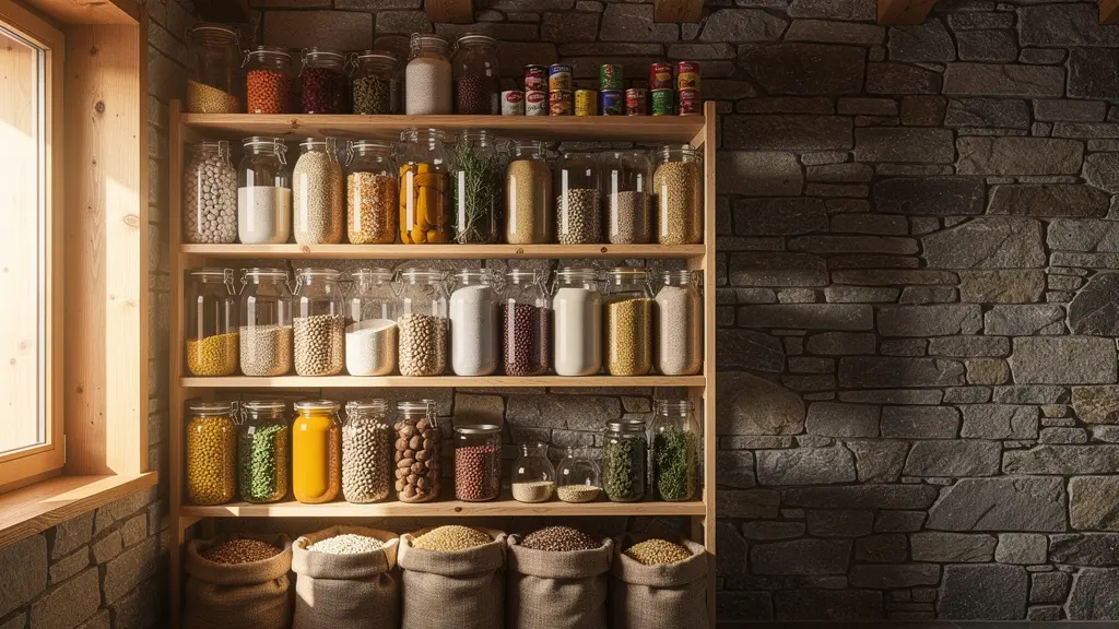 Cave organisée avec étagères de provisions et conserves dans une maison de montagne