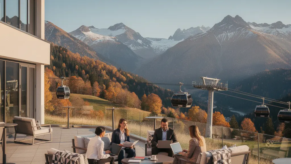 Vue panoramique d'un hôtel moderne en montagne avec des professionnels en réunion sur la terrasse, montagnes automnales en arrière-plan