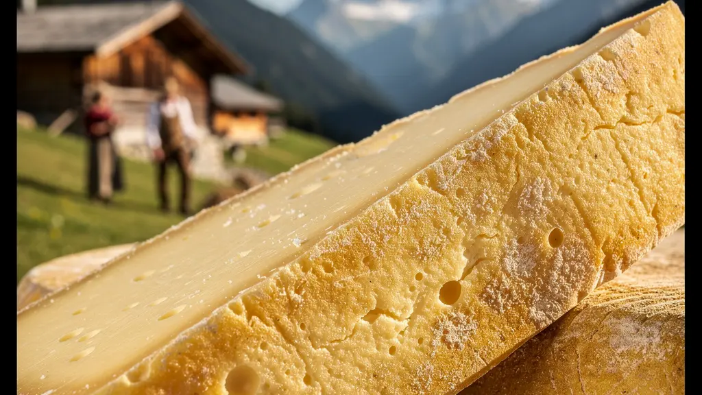 Vue macro sur fromage AOP Beaufort avec arrière-plan flou montrant vallée alpine et emplois locaux