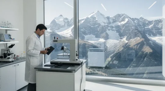 Ingénieur analysant des matériaux composites dans un laboratoire moderne avec vue sur les Alpes enneigées