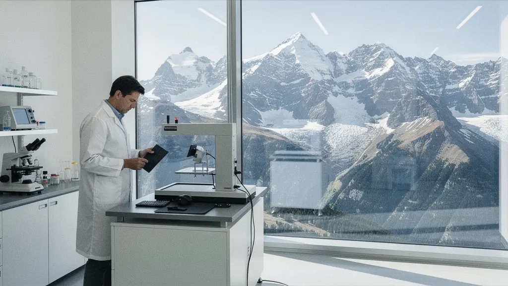 Ingénieur analysant des matériaux composites dans un laboratoire moderne avec vue sur les Alpes enneigées