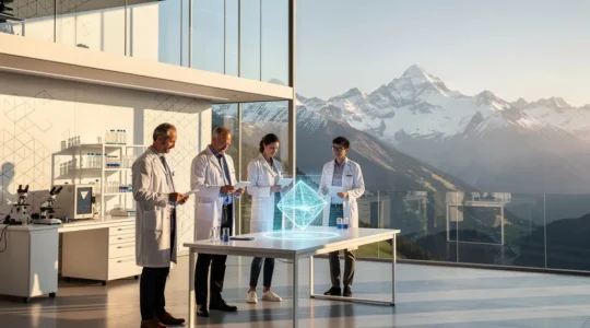 Vue panoramique d'un laboratoire moderne en Savoie avec montagnes en arrière-plan, chercheurs et entrepreneurs collaborant