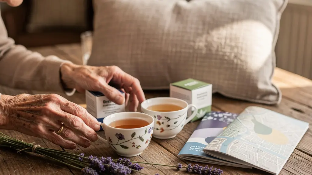 Kit de bienvenue avec tisanes et accessoires de confort disposés sur une table en bois