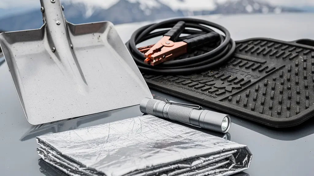 Kit de survie hivernal pour véhicule disposé sur le capot d'un 4x4 avec montagnes enneigées en arrière-plan