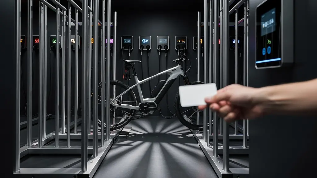 Local à vélos sécurisé moderne avec rangements individuels et bornes de recharge dans un hôtel de montagne
