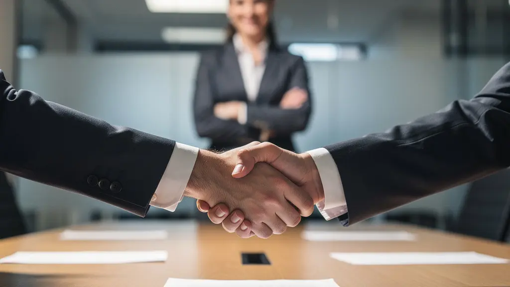 Deux professionnels se serrant la main au-dessus d'une table avec papiers flous, médiateur souriant en arrière-plan