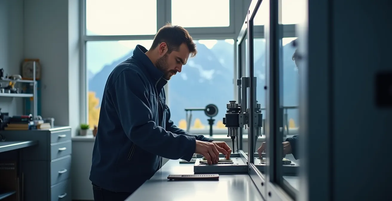 Atelier de production automatisé avec impression 3D métal dans un environnement alpin