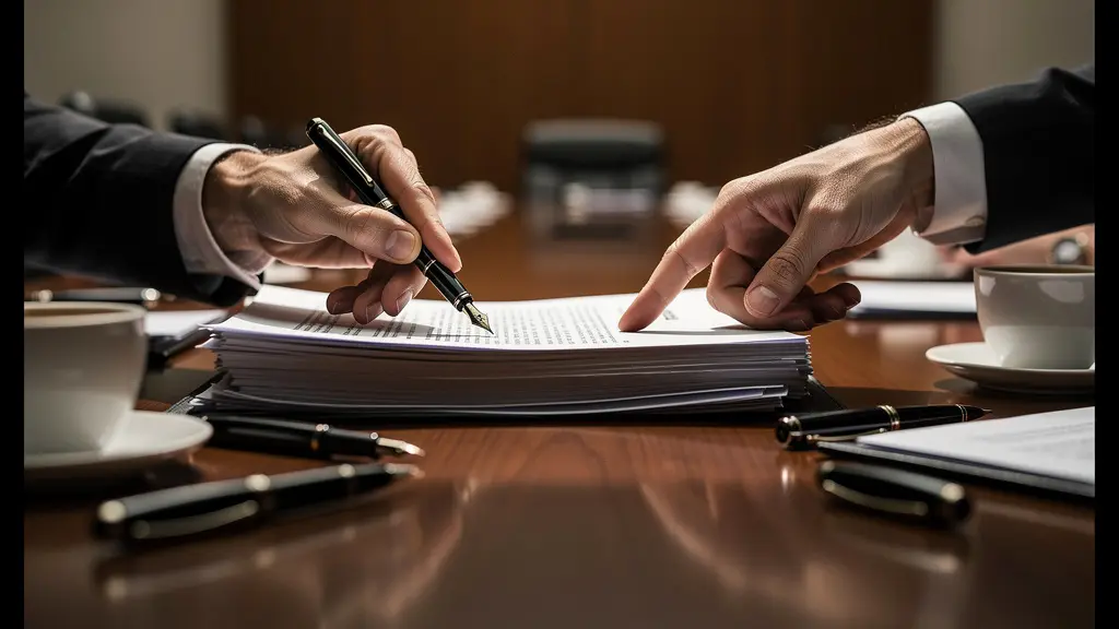 Mains professionnelles échangeant des documents contractuels sur table de réunion