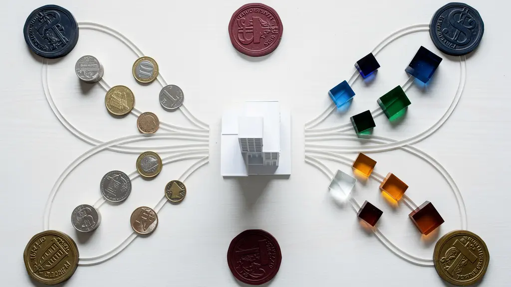 Vue aérienne symbolique de flux financiers convergents représentés par des objets métaphoriques