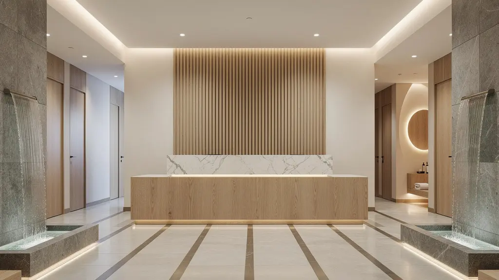 Hall d'accueil moderne d'un centre thermal avec architecture épurée
