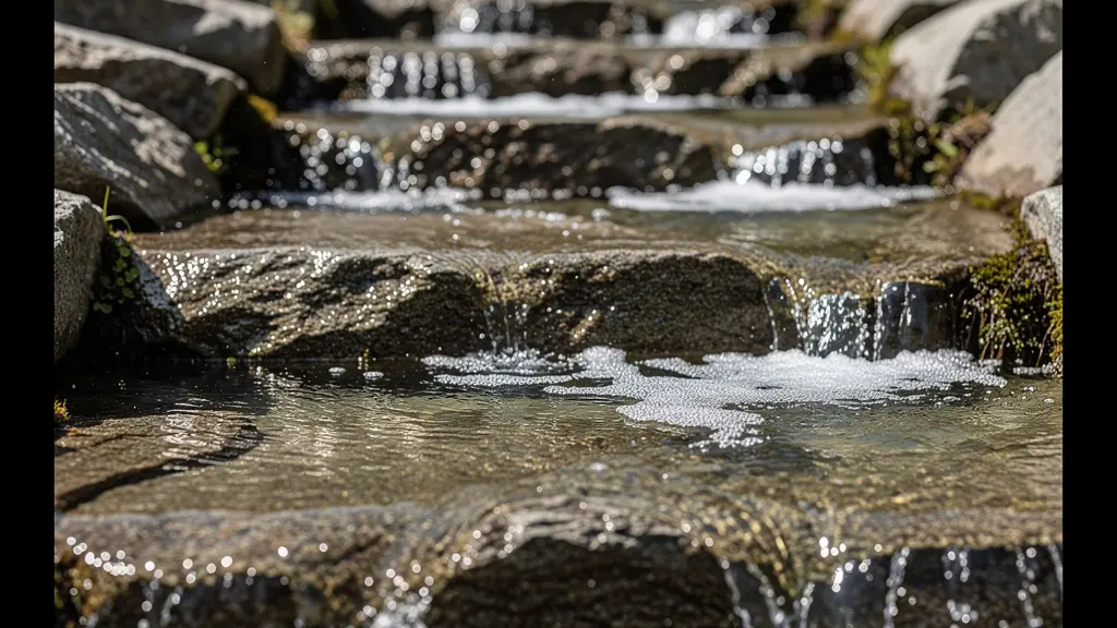 Vue détaillée d'une passe à poissons avec bassins successifs en pierres naturelles et eau cascadant