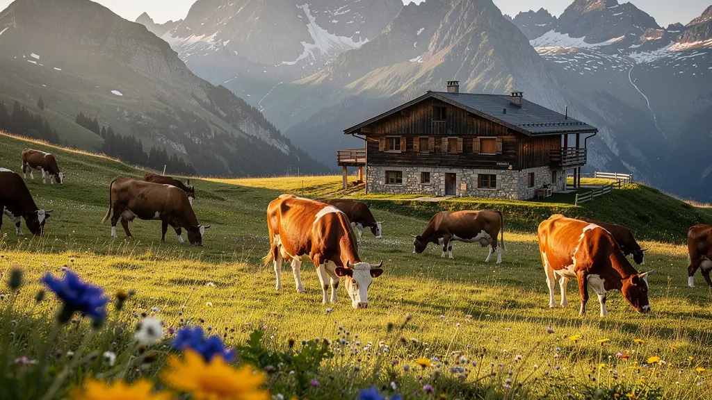 Vue panoramique d'un alpage savoyard avec vaches Tarine et Abondance au pâturage, montagnes en arrière-plan
