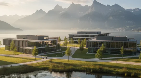 Vue aérienne du pôle entrepreneuriat de Savoie Technolac au bord du lac du Bourget avec les Alpes en arrière-plan