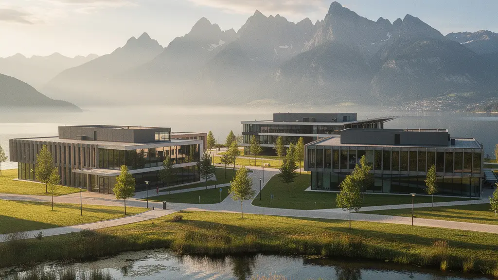 Vue aérienne du pôle entrepreneuriat de Savoie Technolac au bord du lac du Bourget avec les Alpes en arrière-plan