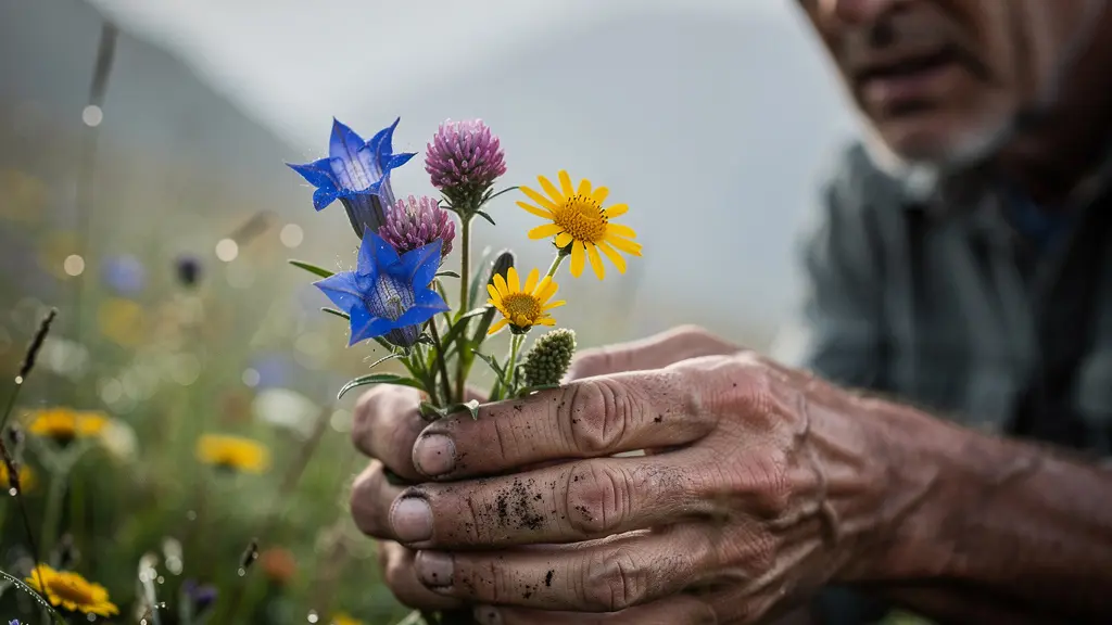 Prairie alpine fleurie avec diversité botanique avant la fauche, gentianes et arnicas visibles