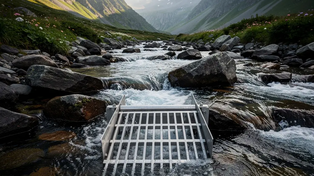 Système de prise d'eau avec grille inclinée autonettoyante dans un torrent de montagne